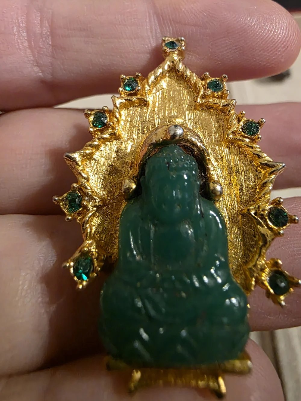 Vintage 1960s Asian Revival Faux Jade Peking Glass Buddha Brooch Pin